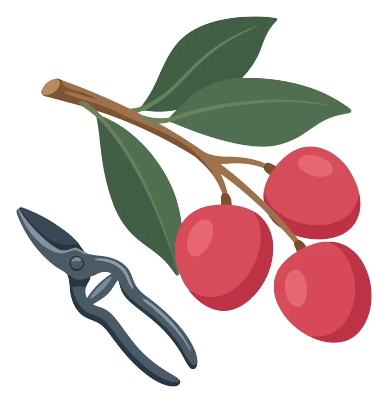 fresh lychee fruits on branch with leaves and pruners isolated on white background
