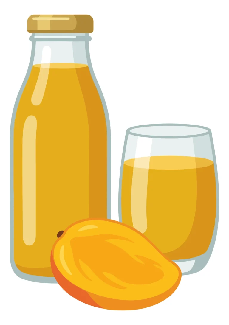 fresh mango juice in a glass bottle and glass with sliced mango