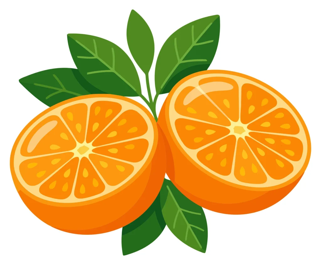 fresh orange fruit halves with green leaves