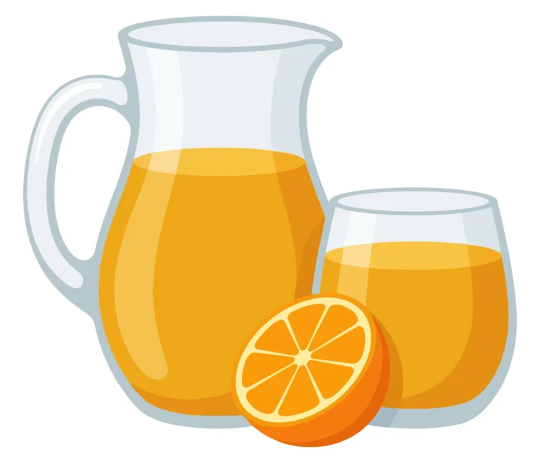 fresh orange juice in glass pitcher and glass next to sliced orange