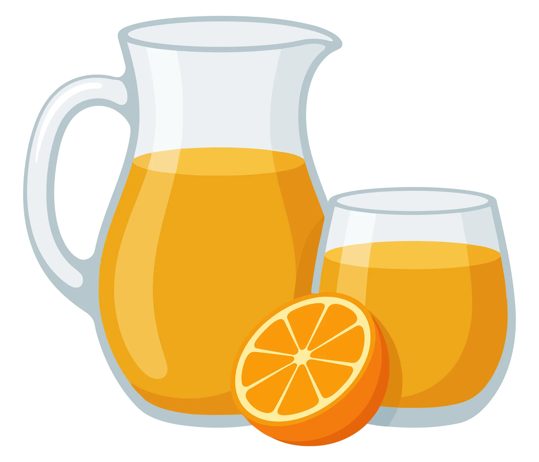 fresh orange juice in glass pitcher and glass next to sliced orange