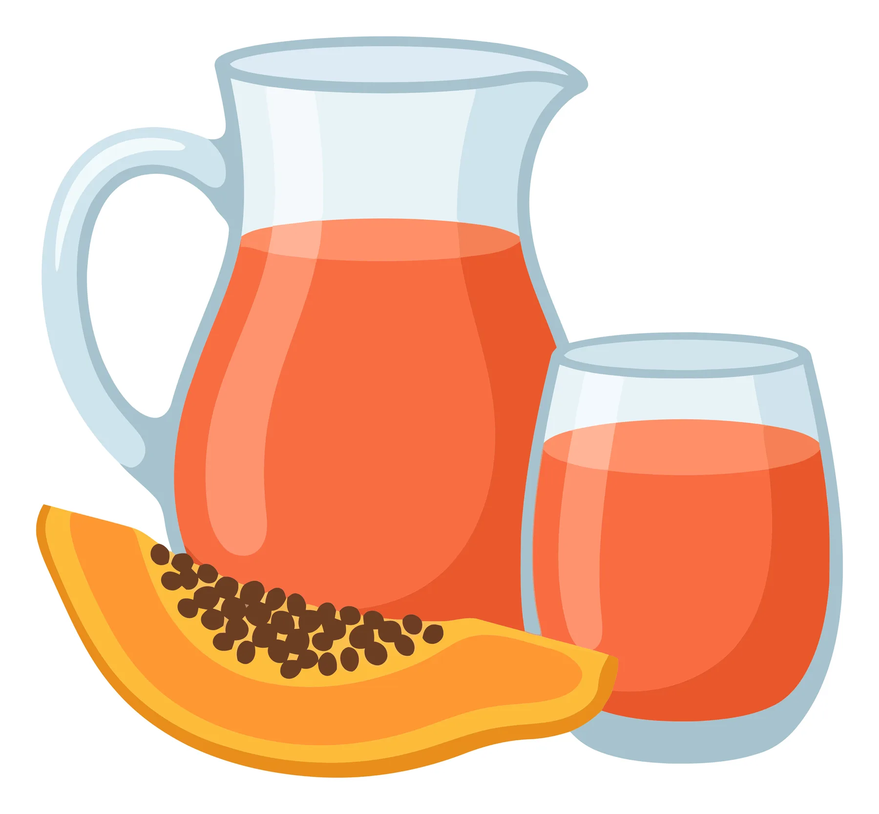 fresh papaya juice in a glass pitcher and cup with a slice of papaya