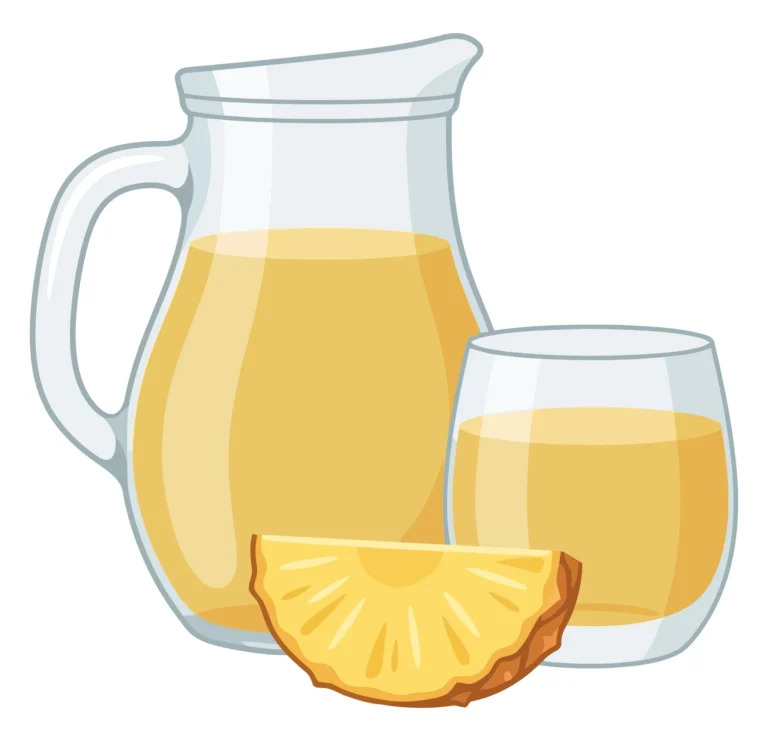 fresh pineapple juice in a glass pitcher and a glass cup with a pineapple slice