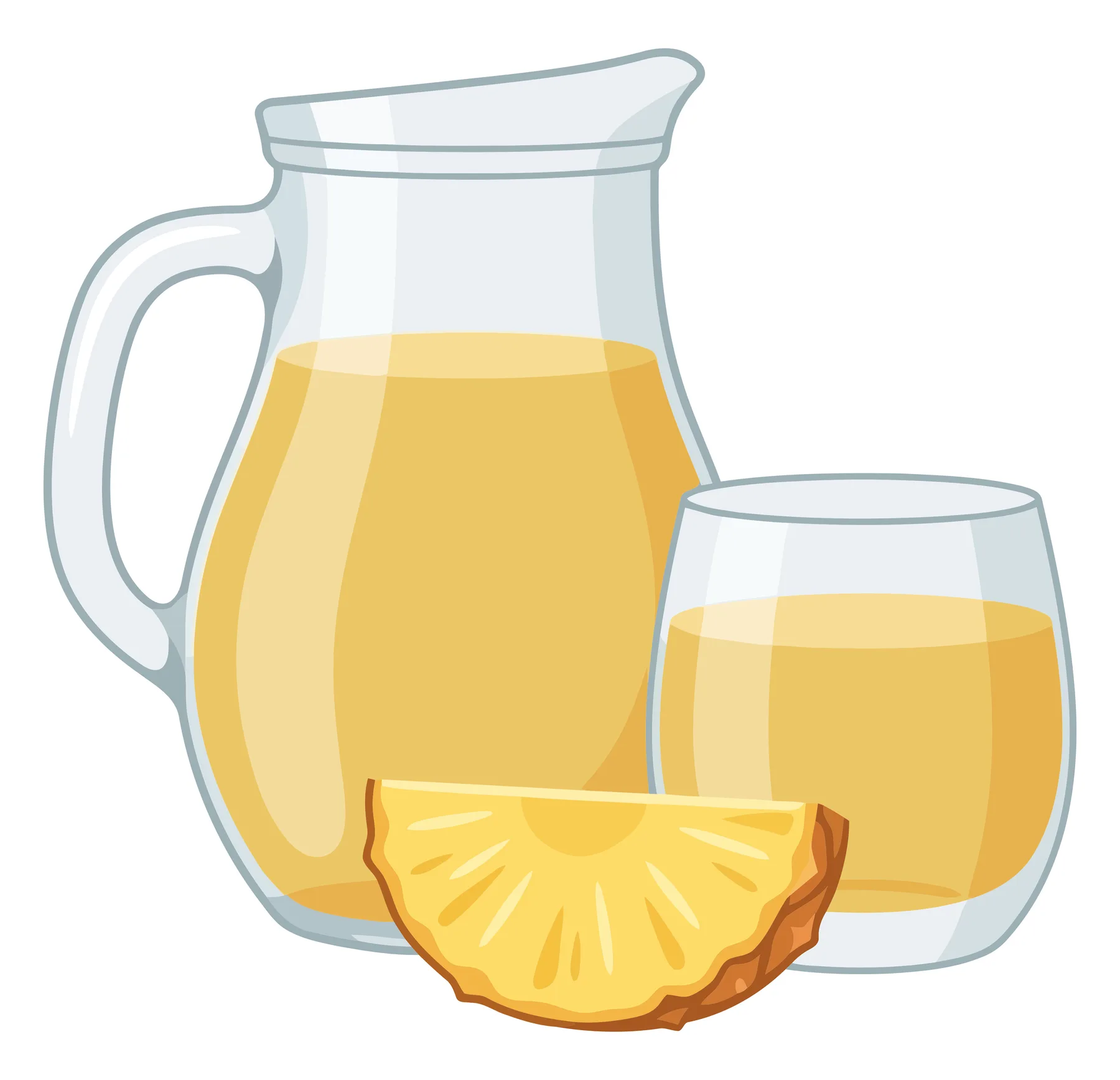 fresh pineapple juice in a glass pitcher and a glass cup with a pineapple slice