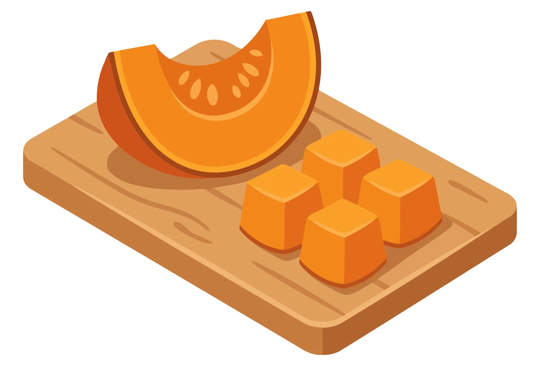 fresh pumpkin slice and diced cubes on a wooden cutting board, healthy organic vegetable ingredient for cooking, autumn harvest concept, vec