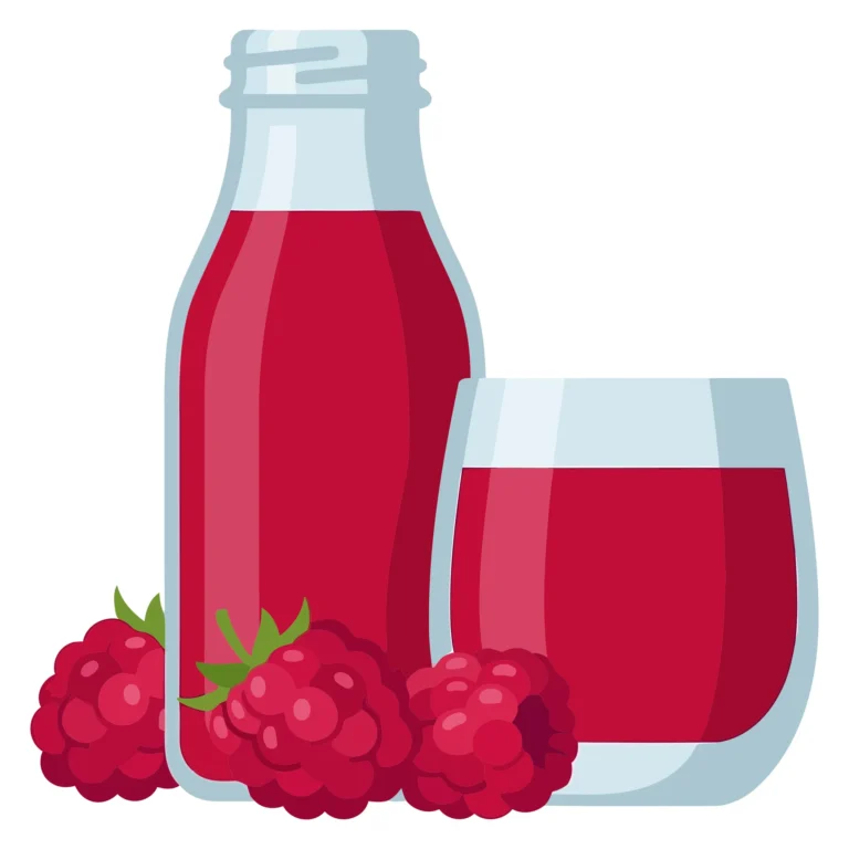 fresh raspberry juice in a glass and a bottle with berries isolated on white background