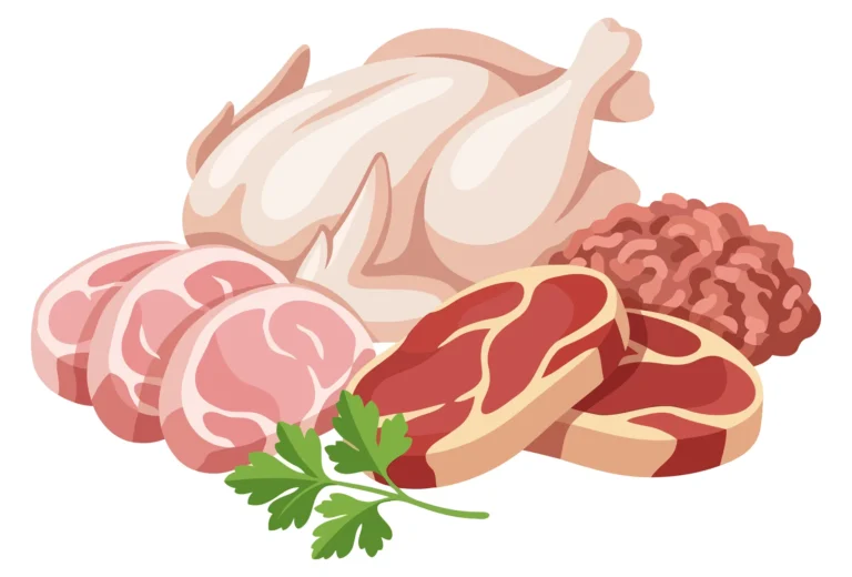 fresh raw meat assortment including whole chicken, steak slices, and ground meat
