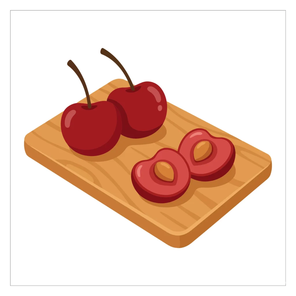 fresh red cherries and sliced cherry halves with pits on a wooden cutting board isolated on white background