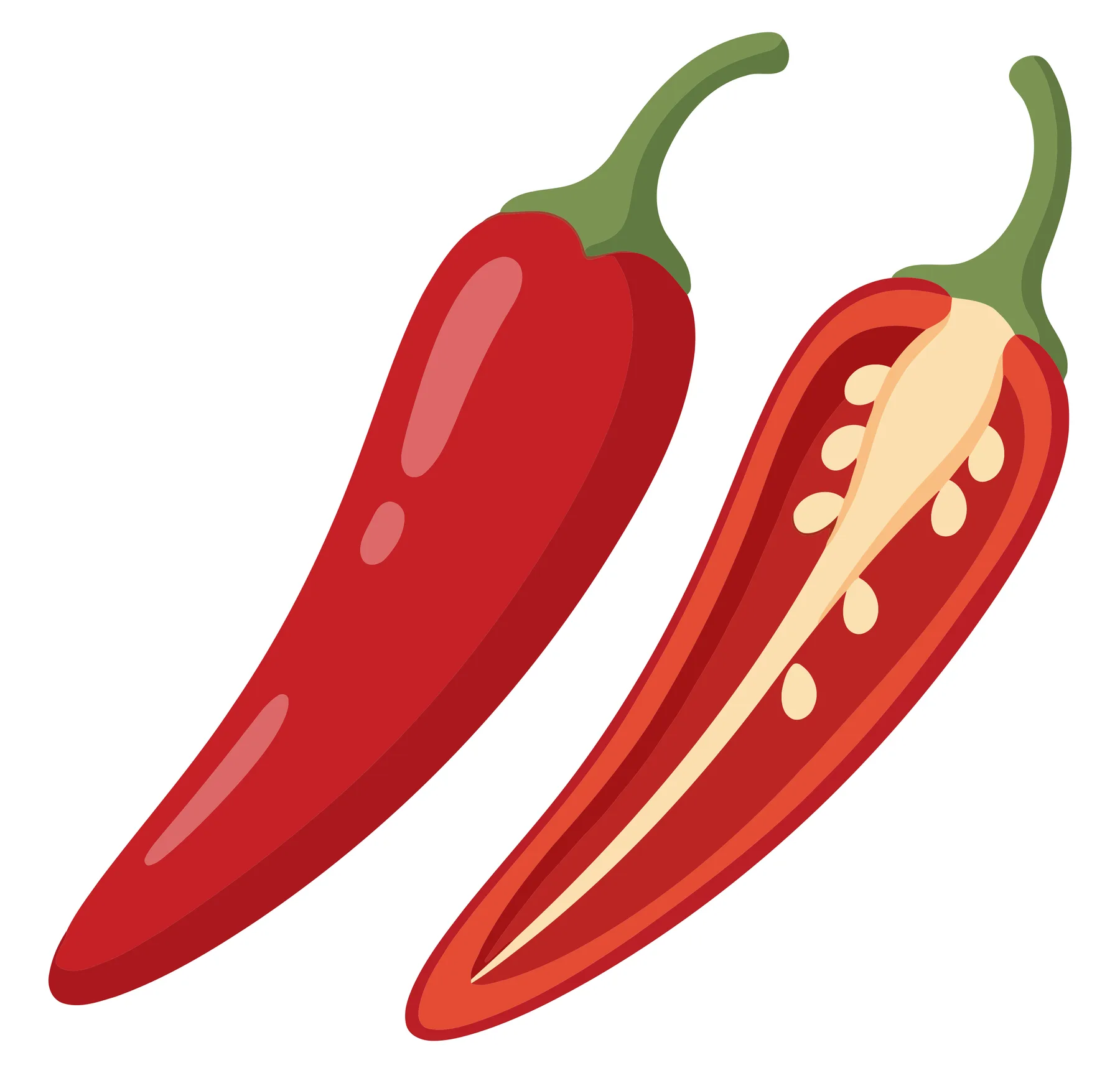fresh red chili pepper and a half cut chili pepper with seeds inside, isolated on white background