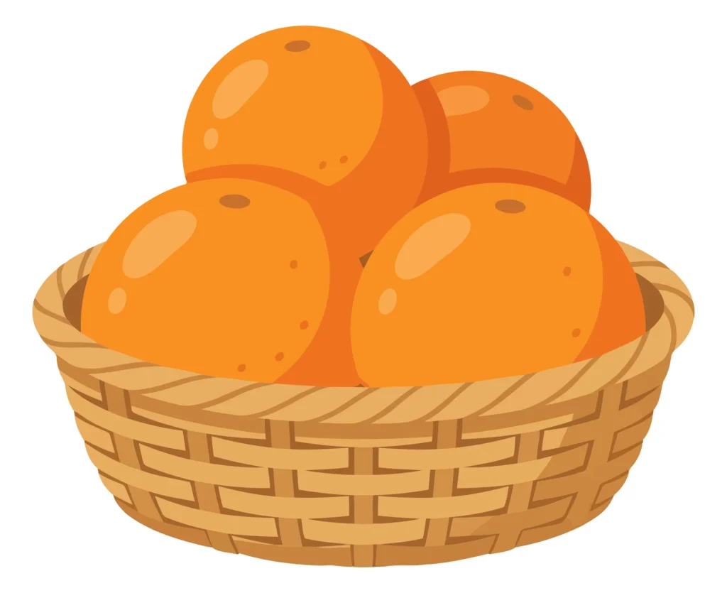 fresh ripe oranges arranged in a woven wicker basket