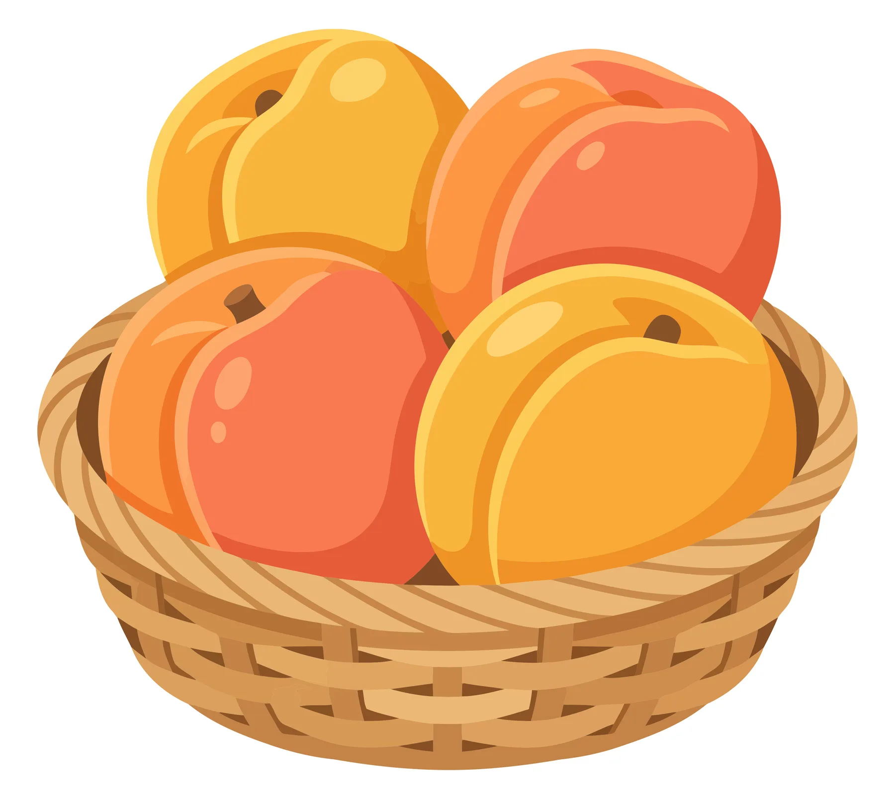 fresh ripe peaches in a woven wicker basket isolated on white background