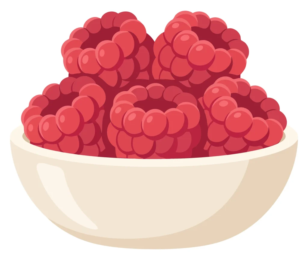 fresh ripe raspberries in a small white bowl, vector illustration of healthy summer berries isolated on white background