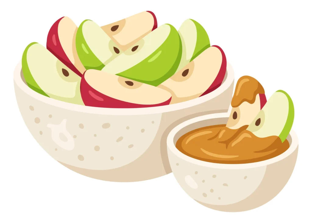 fresh sliced apples in a bowl served with a side of creamy peanut butter dip for a healthy snack or appetizer, isolated on white background