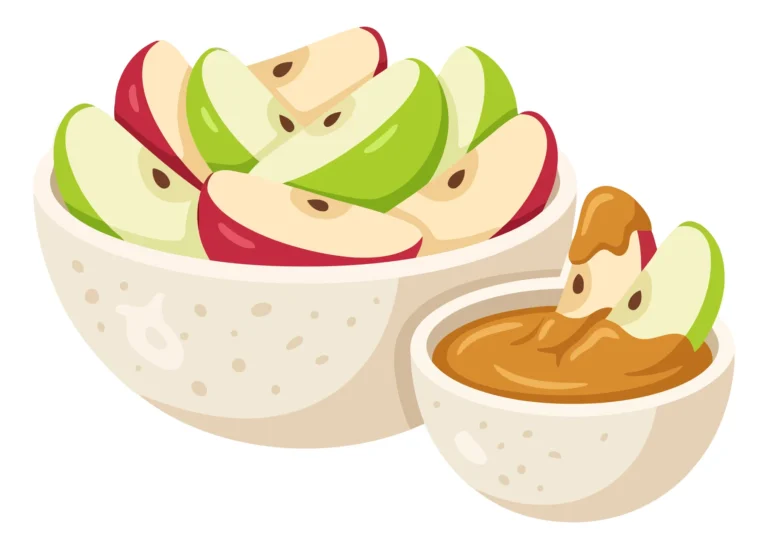 fresh sliced apples in a bowl served with a side of creamy peanut butter dip for a healthy snack or appetizer, isolated on white background