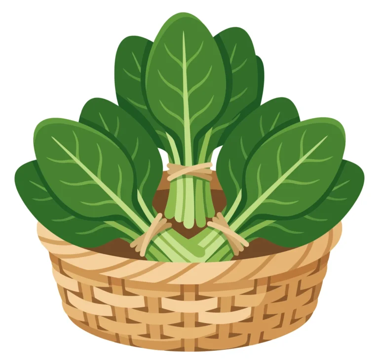 fresh spinach leaves bundled and arranged in a woven wicker basket, healthy green vegetable harvest, organic produce for cooking and nutriti