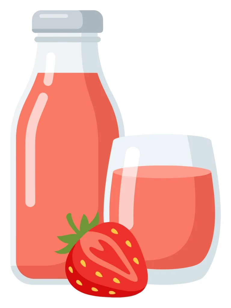 fresh strawberry juice in a glass bottle and a glass cup with a sliced strawberry fruit isolated on white background