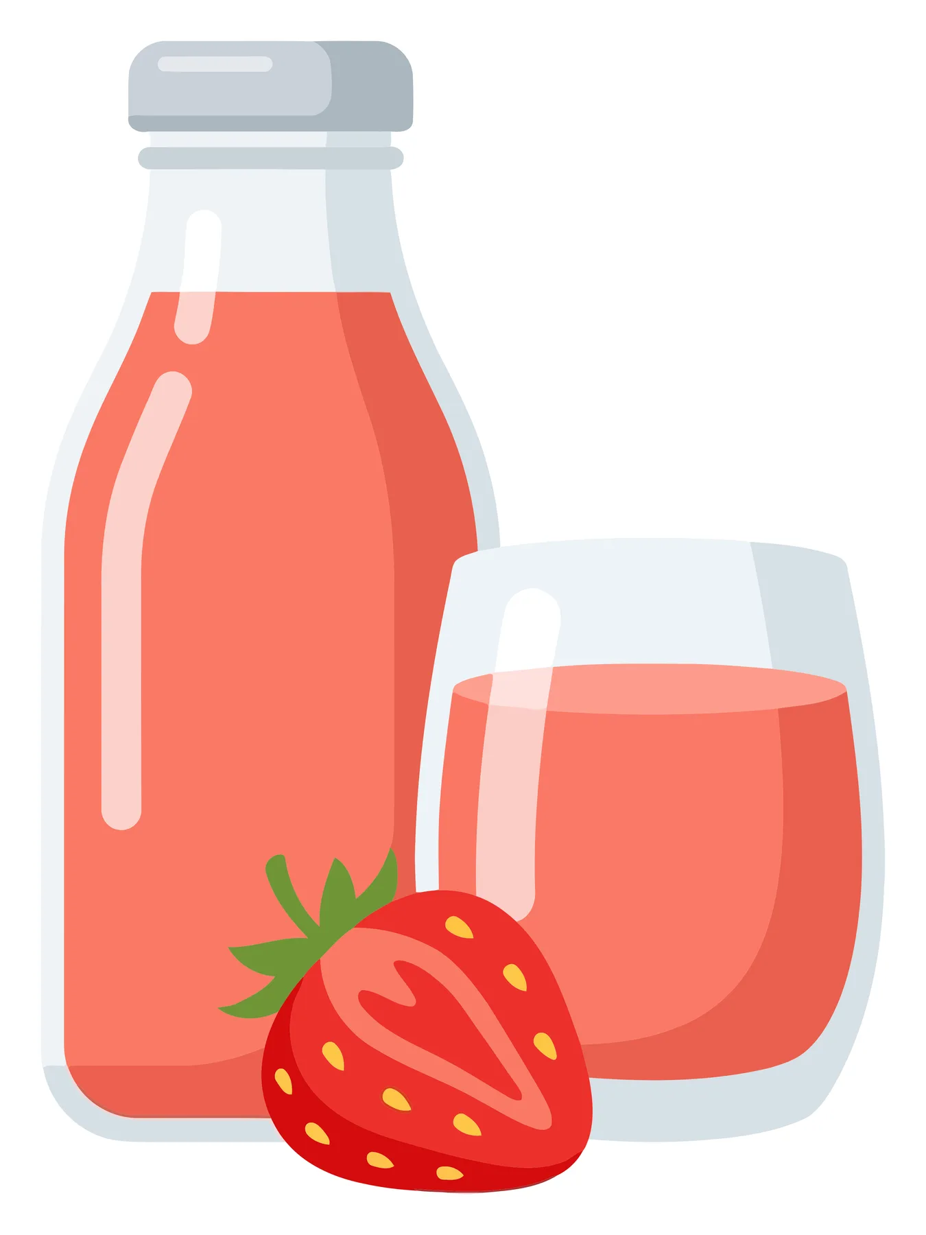 fresh strawberry juice in a glass bottle and a glass cup with a sliced strawberry fruit isolated on white background