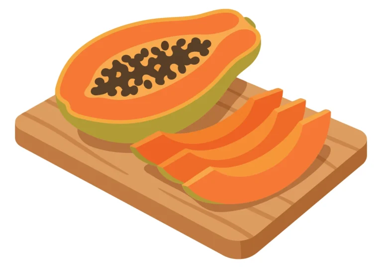 fresh sweet papaya cut in half and slices on a wooden cutting board vector illustration