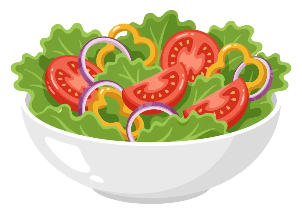 Colorful Fresh Vegetable Salad in White Bowl Vector Illustration fresh vegetable salad in white bowl, lettuce, tomatoes, bell peppers and onion vector illustration