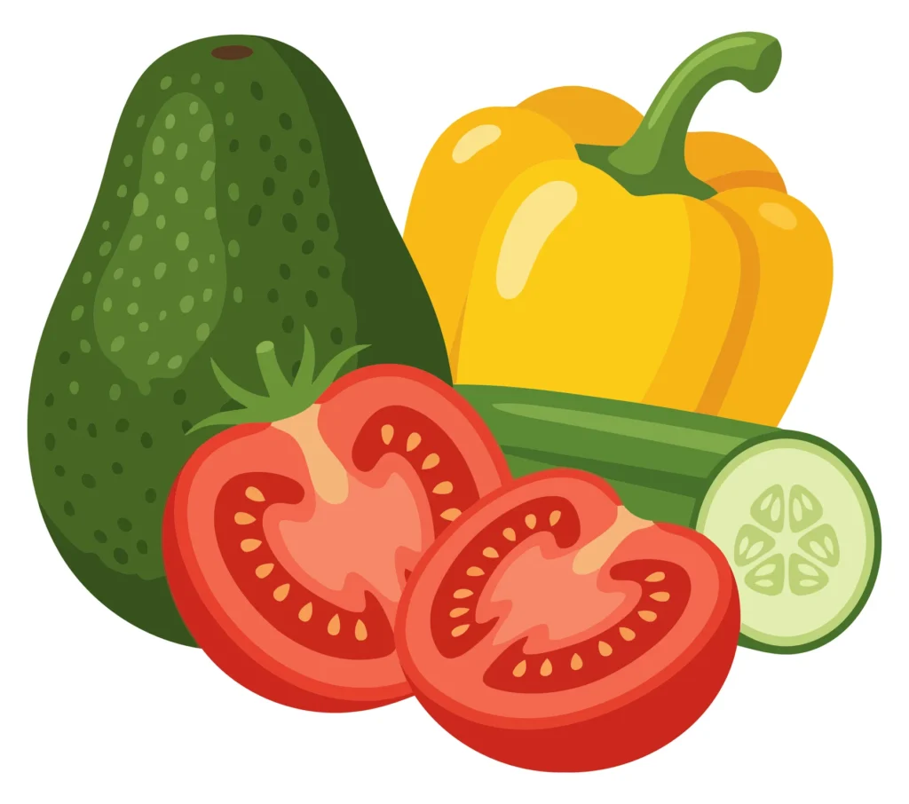 fresh vegetables including avocado, tomato, bell pepper and cucumber