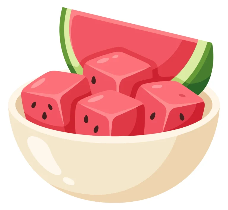 fresh watermelon cubes served in a small bowl with a slice of watermelon, vibrant fruit illustration for healthy eating and summer snack con