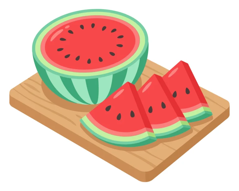 fresh watermelon half and three triangular slices on a wooden cutting board, vibrant summer fruit illustration