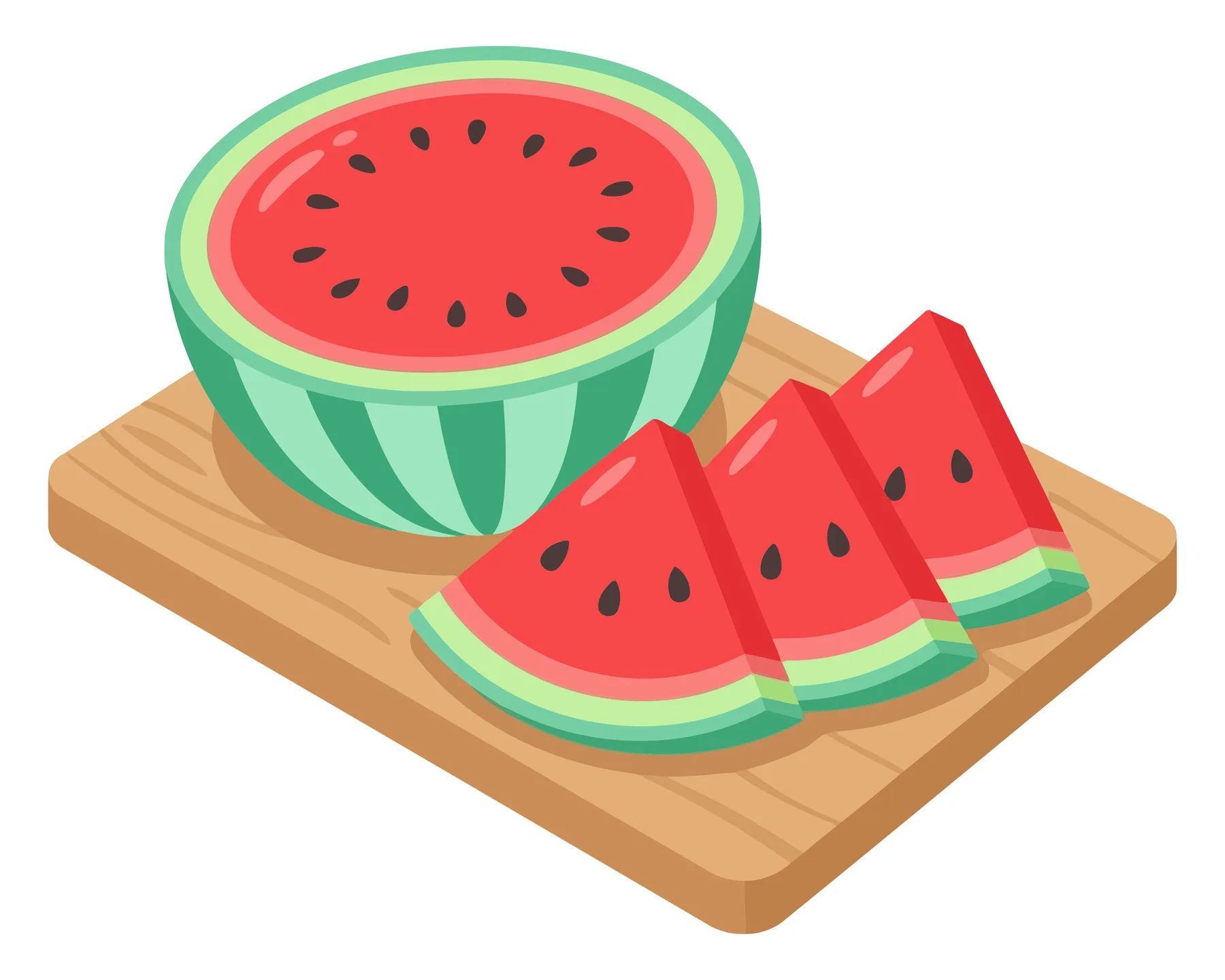 fresh watermelon half and three triangular slices on a wooden cutting board, vibrant summer fruit illustration