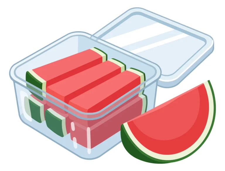 fresh watermelon slices packed in a clear plastic food container with lid, isolated on white background
