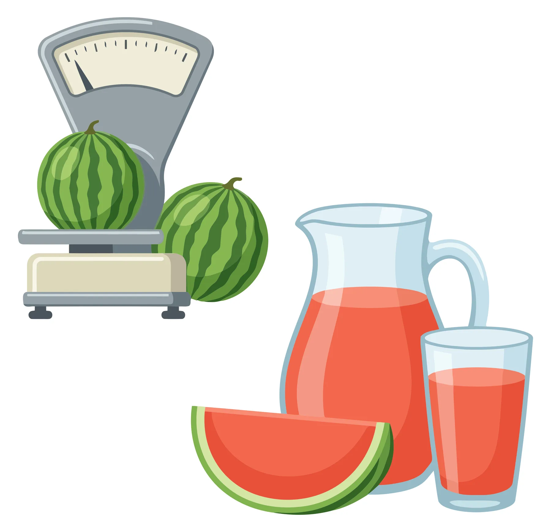 fresh watermelons on a kitchen scale next to a glass pitcher and a glass of refreshing watermelon juice with a slice of fruit, healthy summe