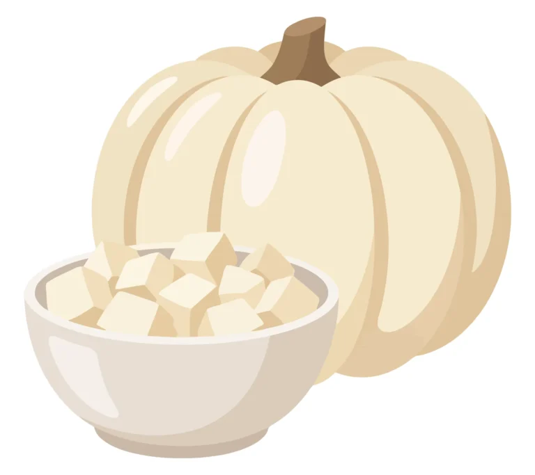fresh white pumpkin and a bowl of cubed pumpkin pieces isolated on white background