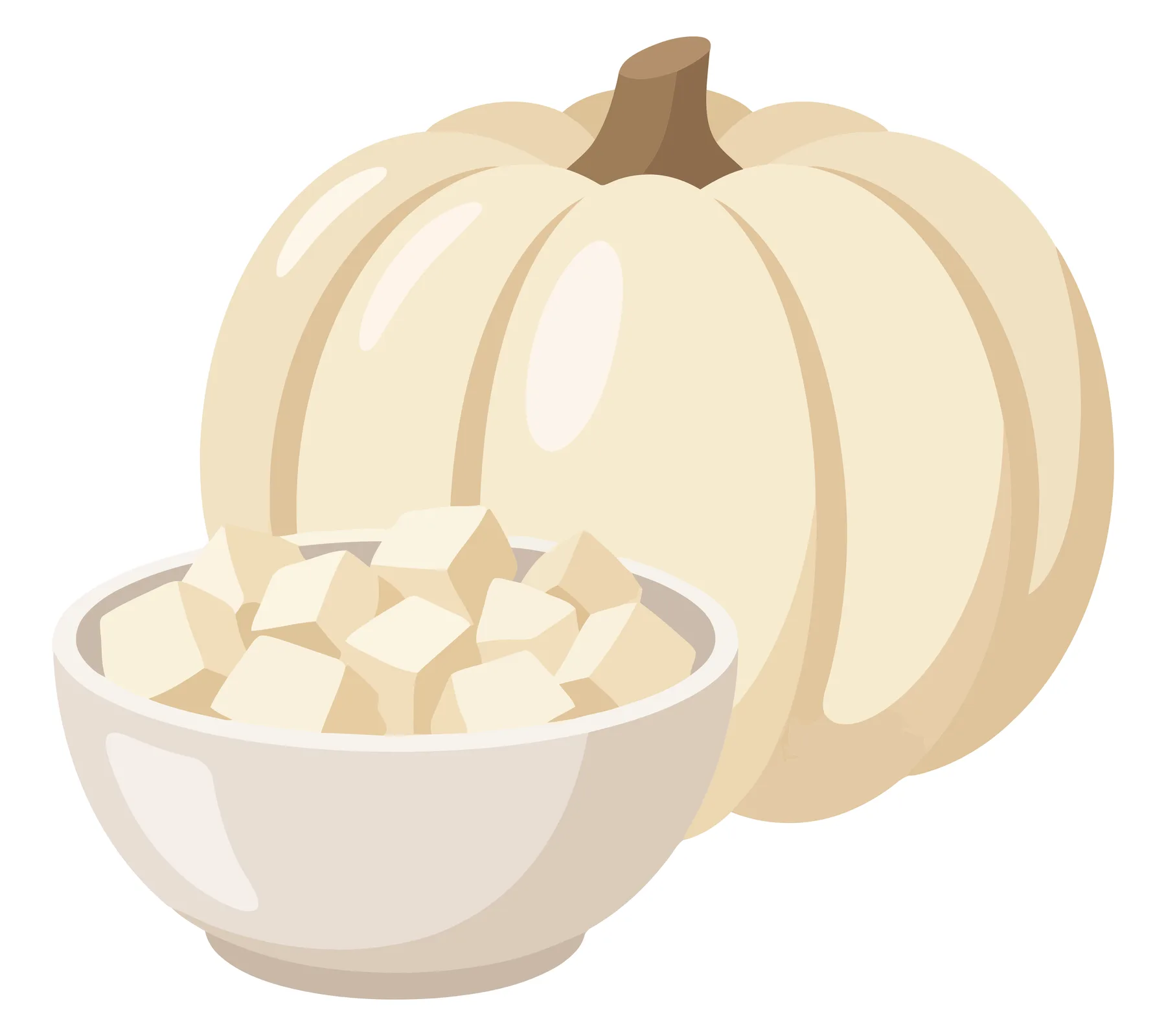 fresh white pumpkin and a bowl of cubed pumpkin pieces isolated on white background
