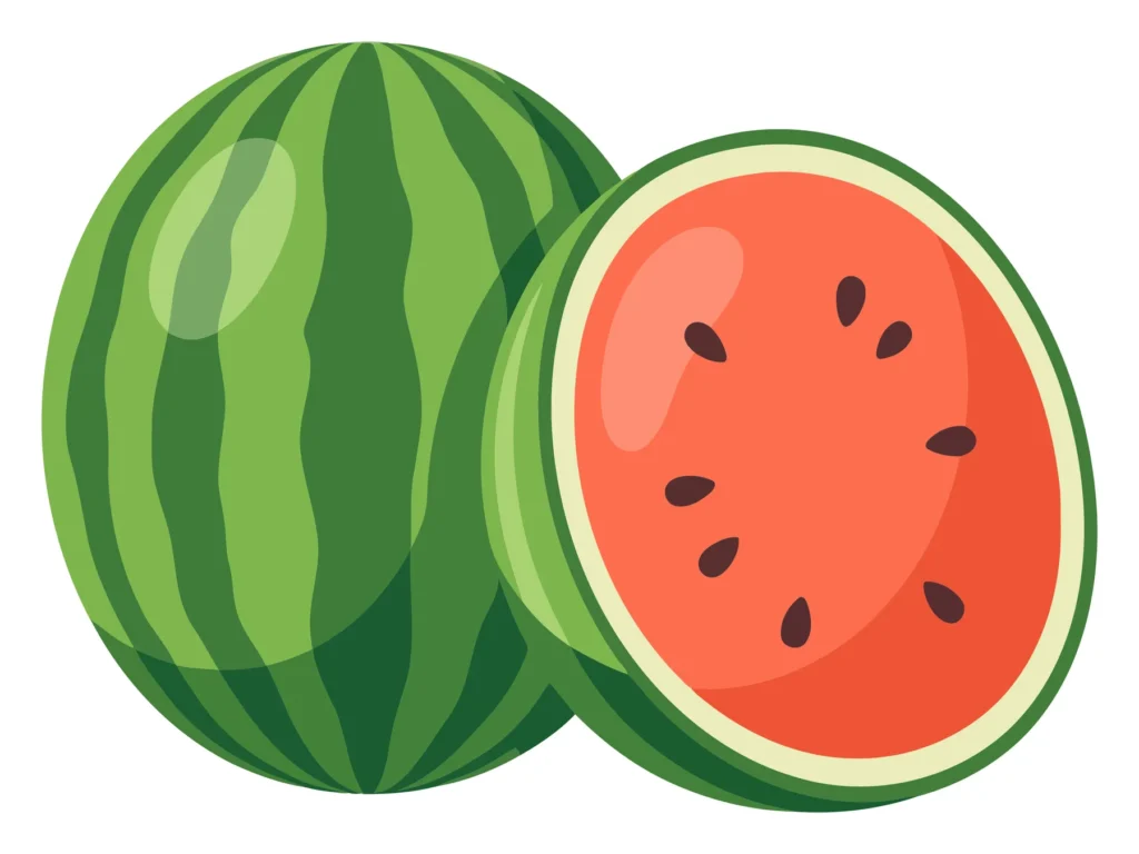 fresh whole and sliced watermelon with seeds isolated on white background