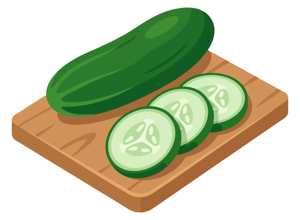 fresh whole cucumber and sliced pieces on a wooden cutting board, isolated on white background