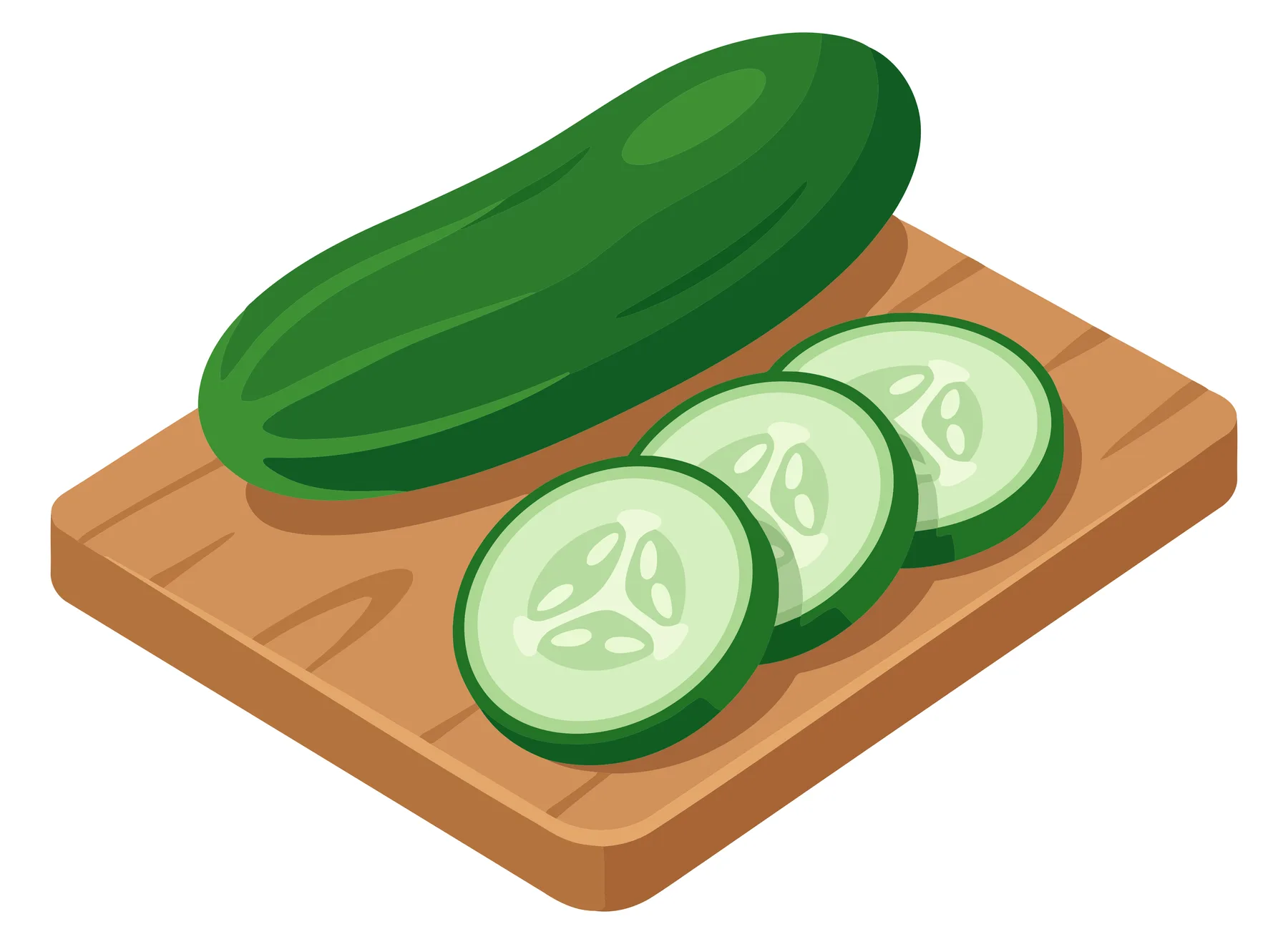 fresh whole cucumber and sliced pieces on a wooden cutting board, isolated on white background