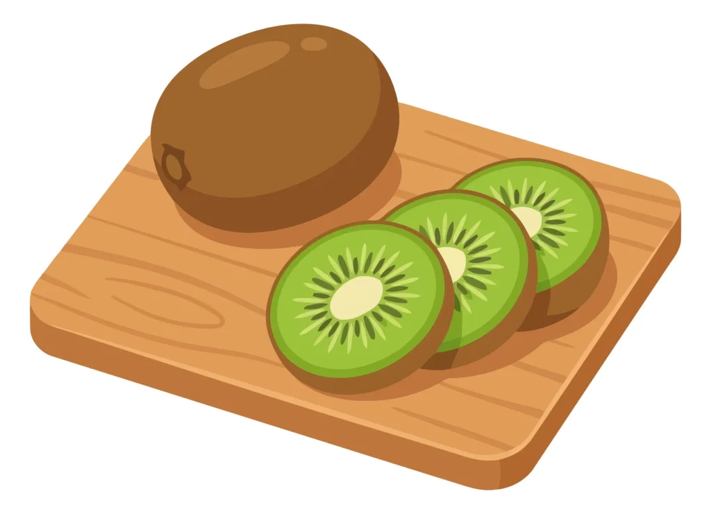 fresh whole kiwi fruit and sliced kiwi pieces arranged on a wooden cutting board, healthy organic food illustration