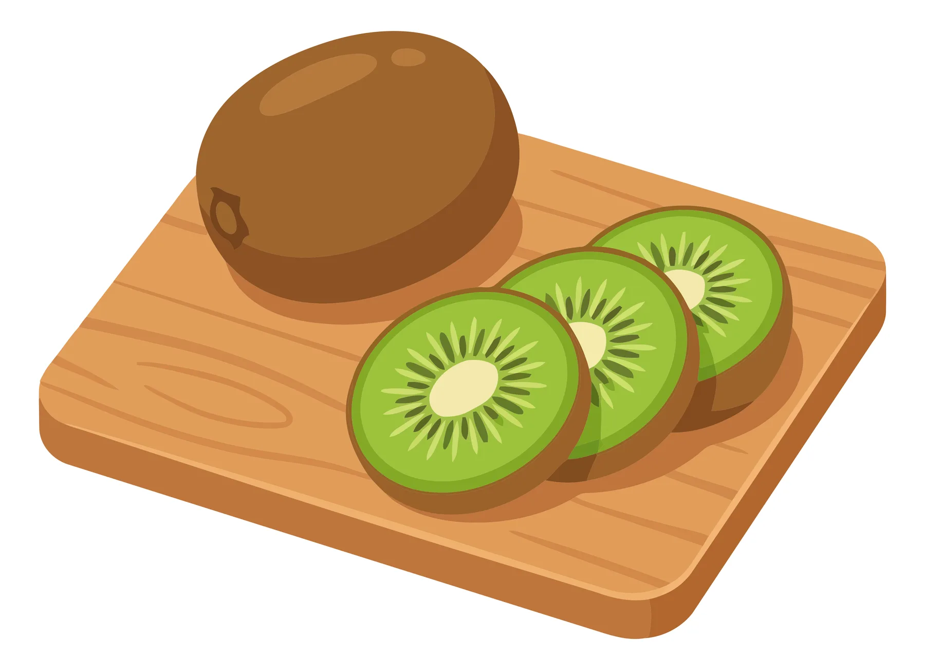 fresh whole kiwi fruit and sliced kiwi pieces arranged on a wooden cutting board, healthy organic food illustration