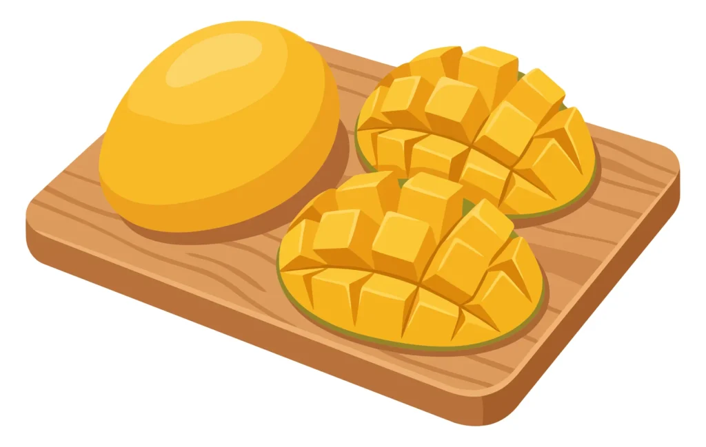 fresh whole mango and two diced mango halves on a wooden cutting board, vibrant tropical fruit illustration for culinary, healthy eating, an