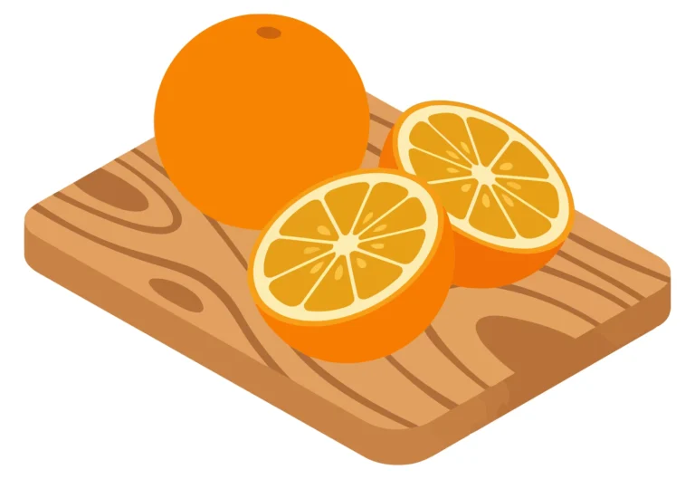 fresh whole orange and two sliced halves arranged on a wooden cutting board, vibrant citrus fruit illustration in a flat vector style