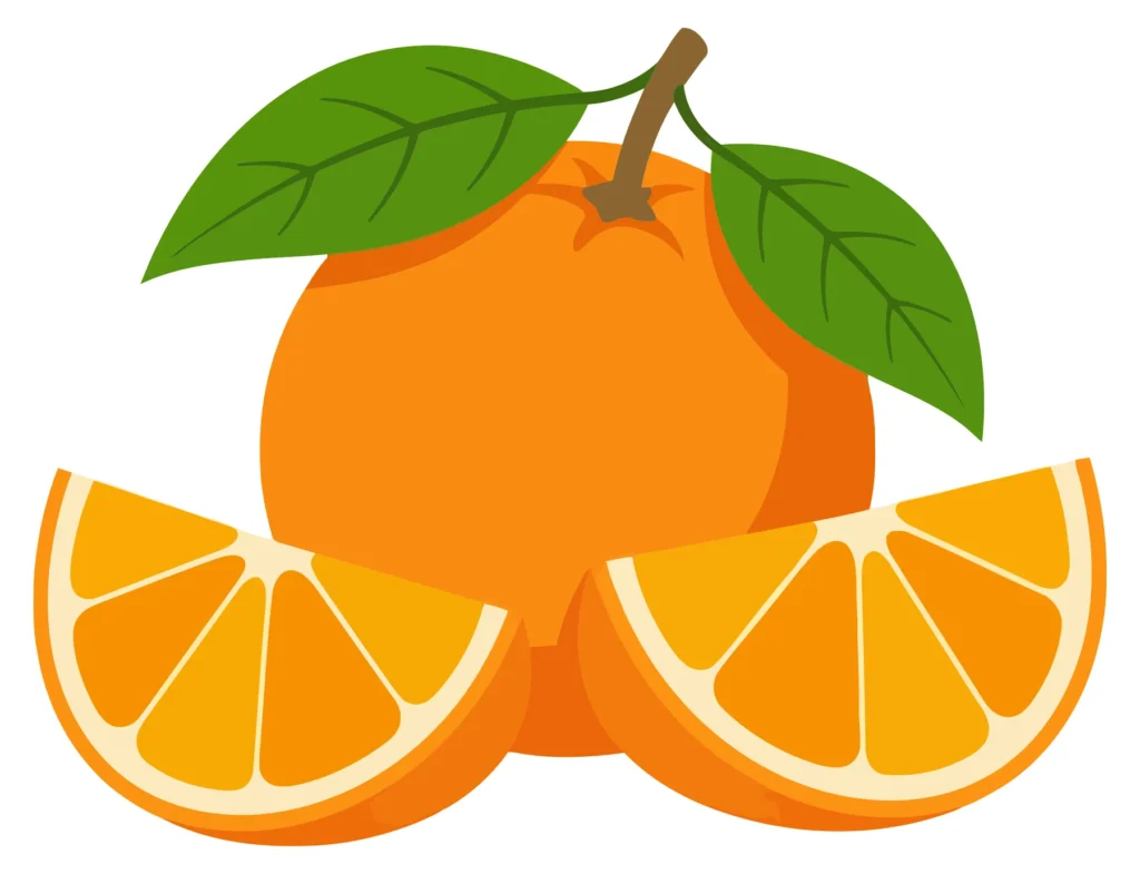 fresh whole orange fruit with leaves and two wedges