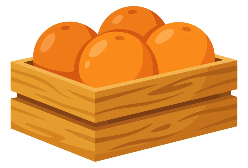 fresh whole oranges in a wooden crate box