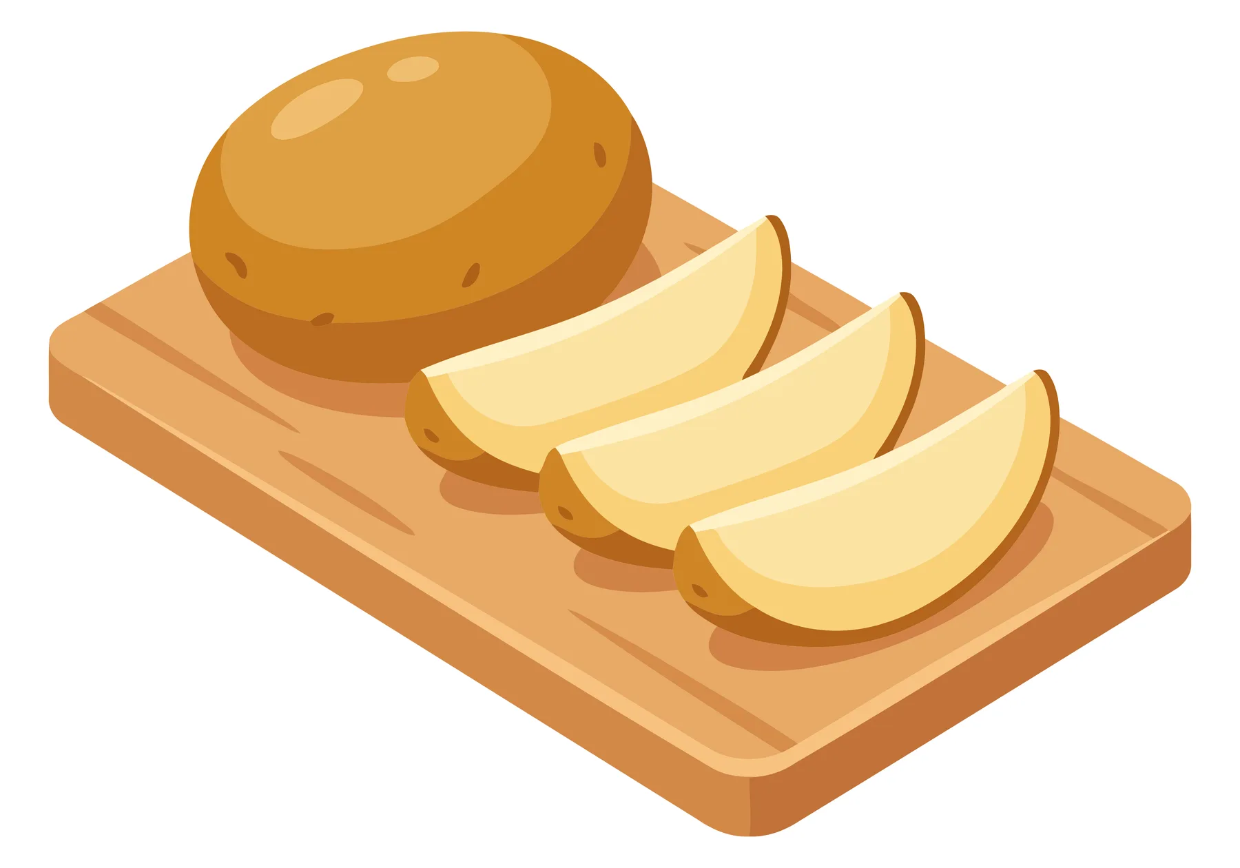 fresh whole potato and three sliced potato wedges arranged on a wooden cutting board, isometric view of raw vegetable preparation for cookin