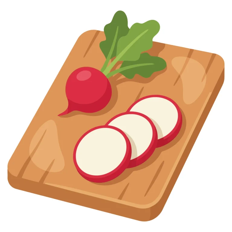 fresh whole radish with green leaves and three sliced radish pieces arranged on a wooden cutting board