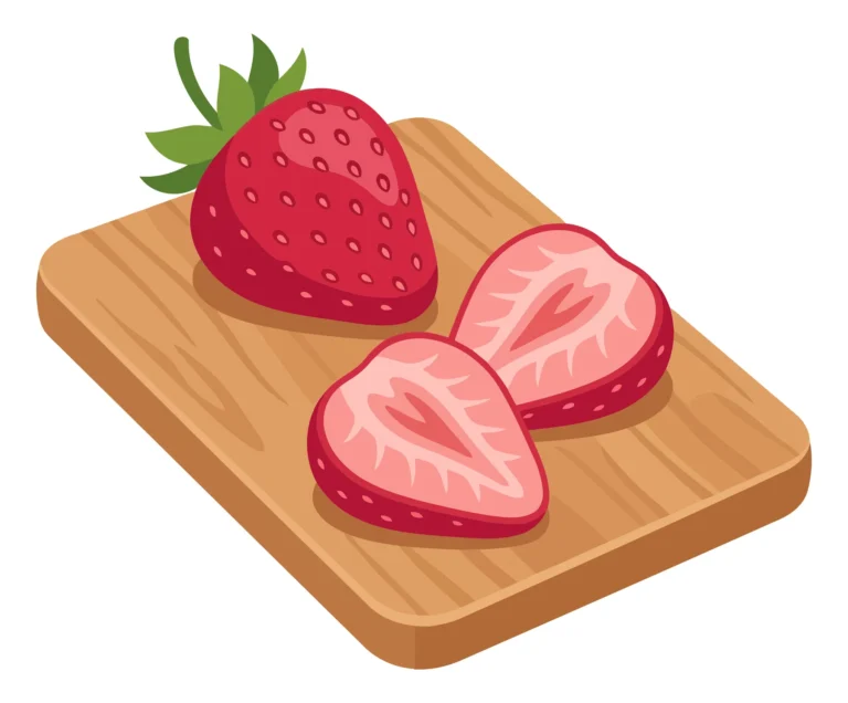 fresh whole strawberry and two sliced halves on a wooden cutting board, vector illustration of healthy summer fruit for culinary design