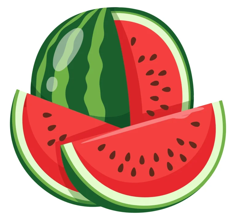 fresh whole watermelon with two sliced pieces showing red flesh and black seeds, vibrant summer fruit illustration