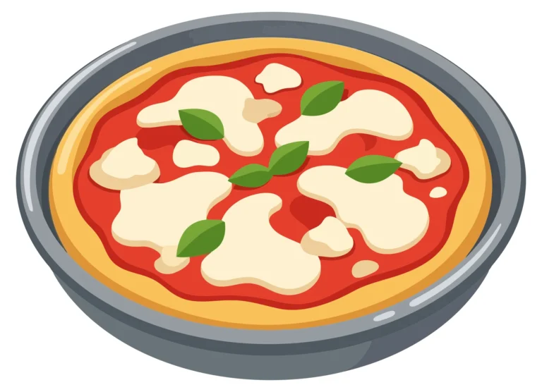 freshly baked homemade pizza in a pan with tomato sauce, mozzarella cheese, and basil leaves