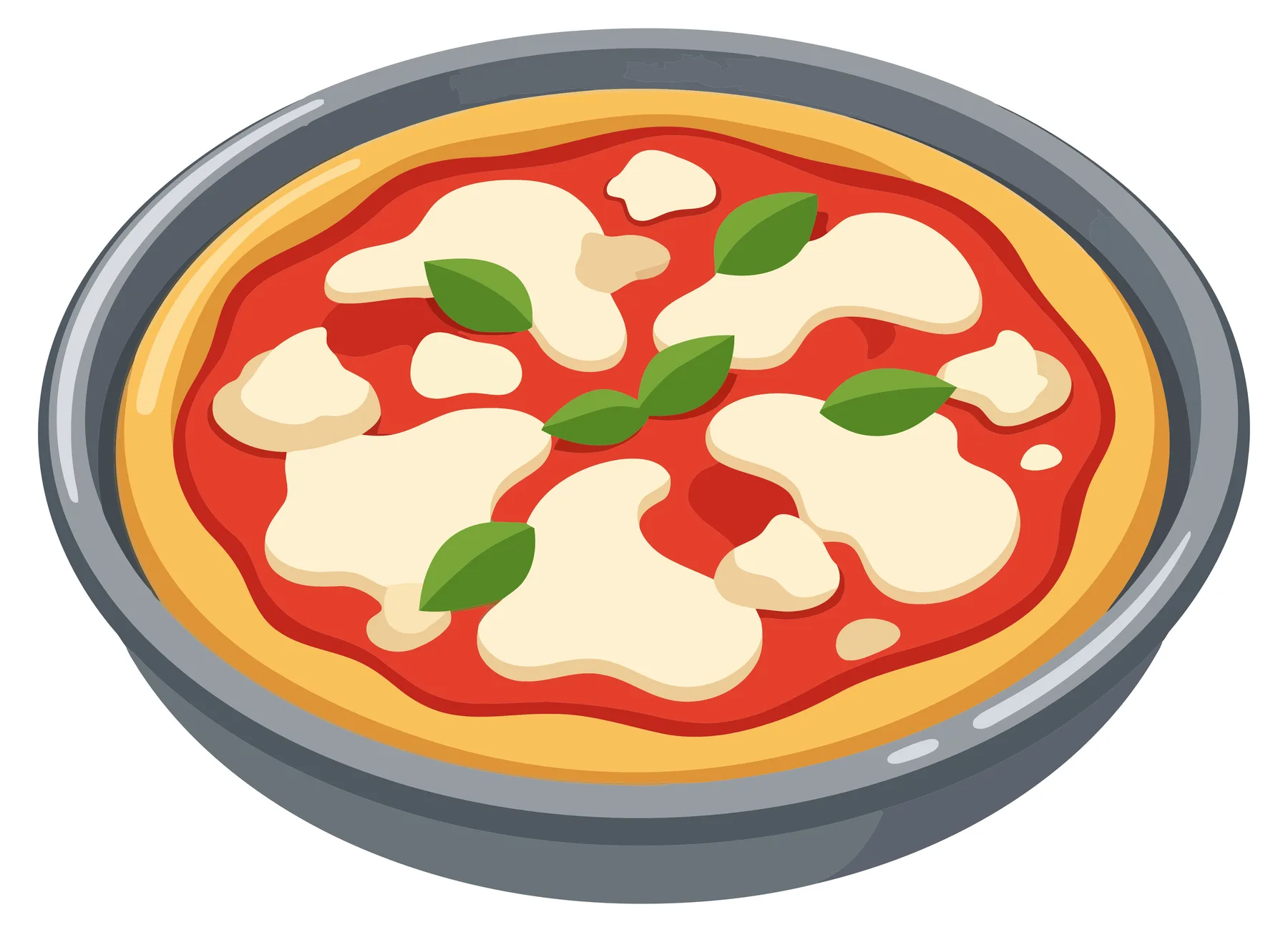 freshly baked homemade pizza in a pan with tomato sauce, mozzarella cheese, and basil leaves