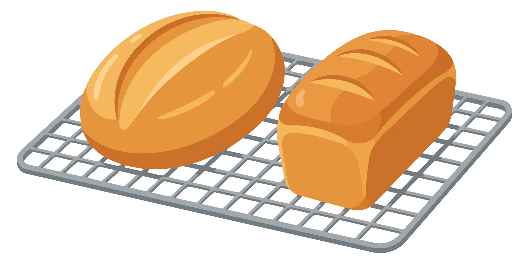 freshly baked loaf of bread and a round loaf of bread cooling on a metal wire rack, illustration