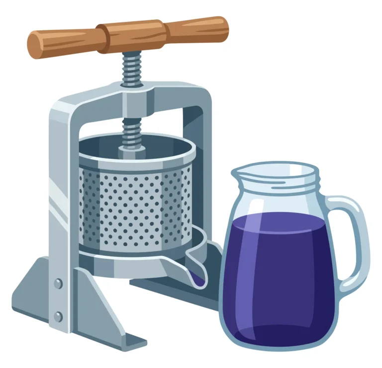 fruit press machine with a glass pitcher full of fresh purple grape juice isolated on white background