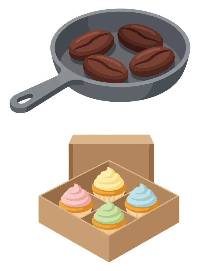 frying pan with cocoa beans and box of colorful cupcakes vector illustration