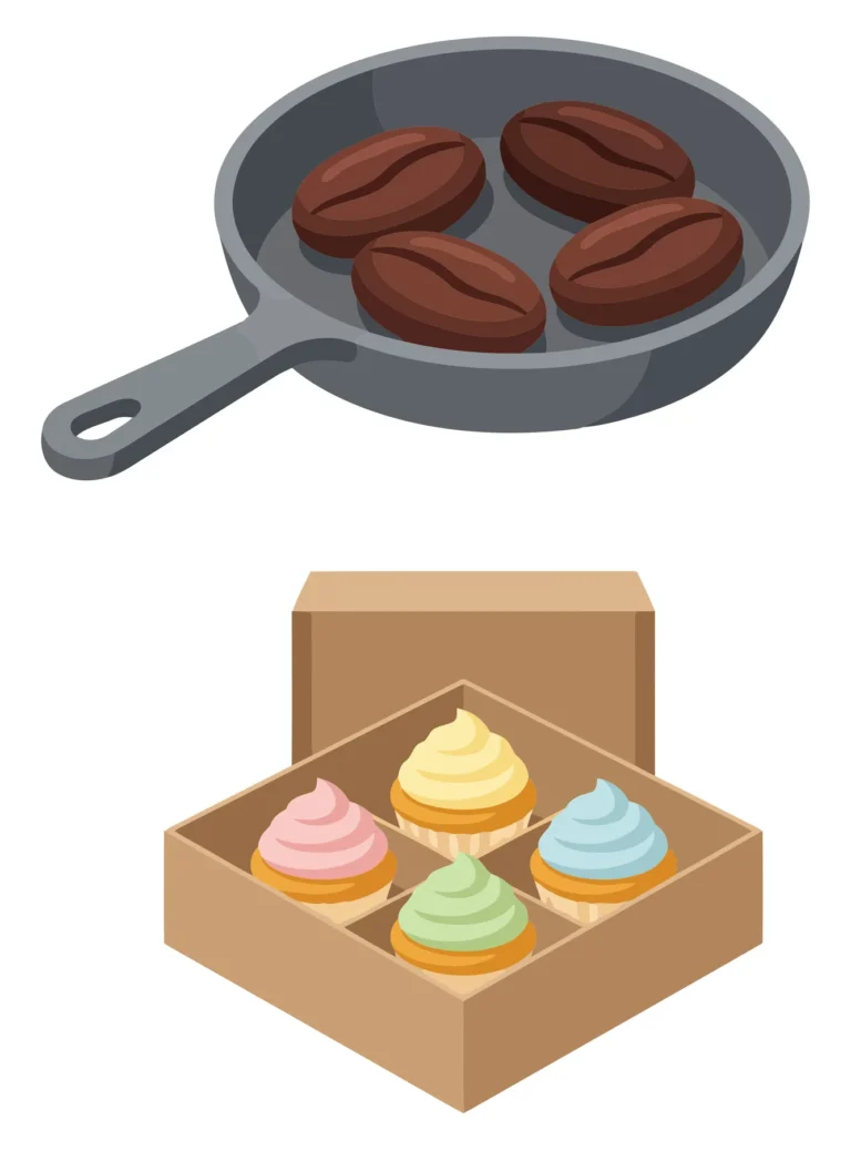 frying pan with cocoa beans and box of colorful cupcakes vector illustration